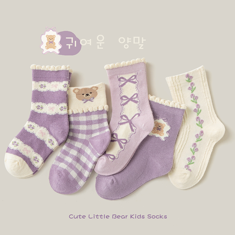 保暖女童袜子秋季亲肤甜美小熊可爱中筒袜森系花边儿童袜子秋冬季