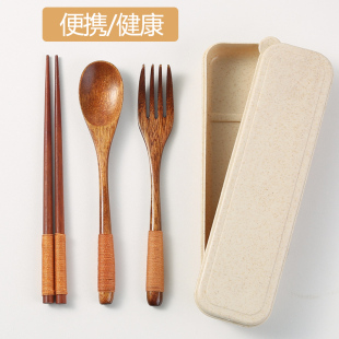 木质勺子筷子套装 叉学生便携餐具三件套收纳盒单人一人食餐具 日式