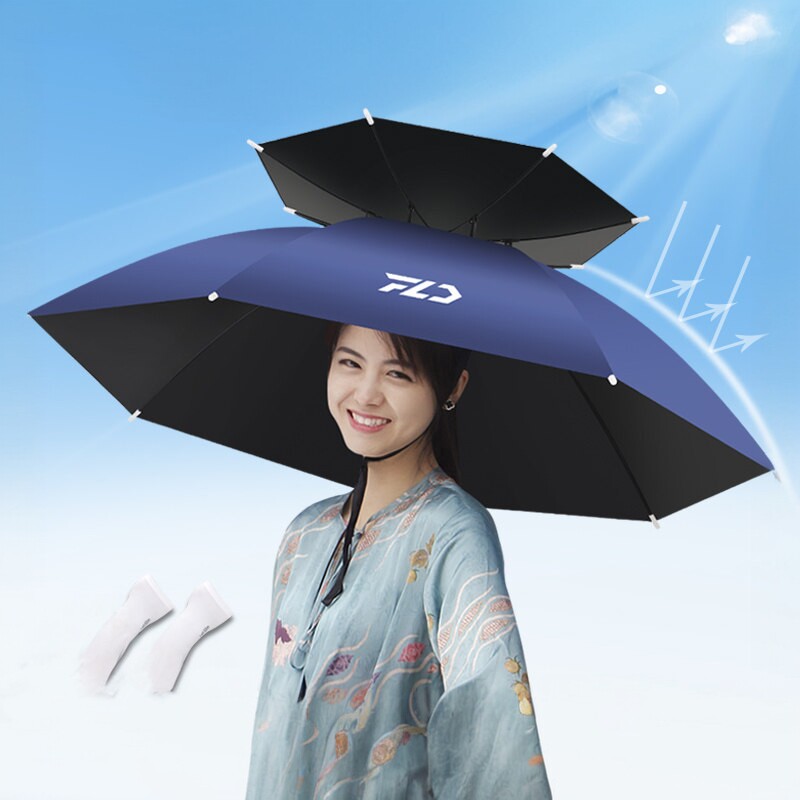 双层防风防雨钓鱼伞帽头戴式雨伞防晒折叠头顶雨伞帽户外遮阳垂钓