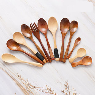 勺子日式木制家用餐具儿童木勺调羹蜂蜜搅拌汤勺木叉子饭勺新中式