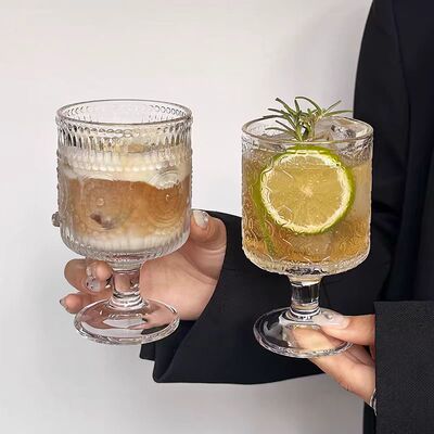 覆古ins风向日葵浮雕玻璃杯高颜值酒杯饮料果汁高脚杯水杯冷饮杯