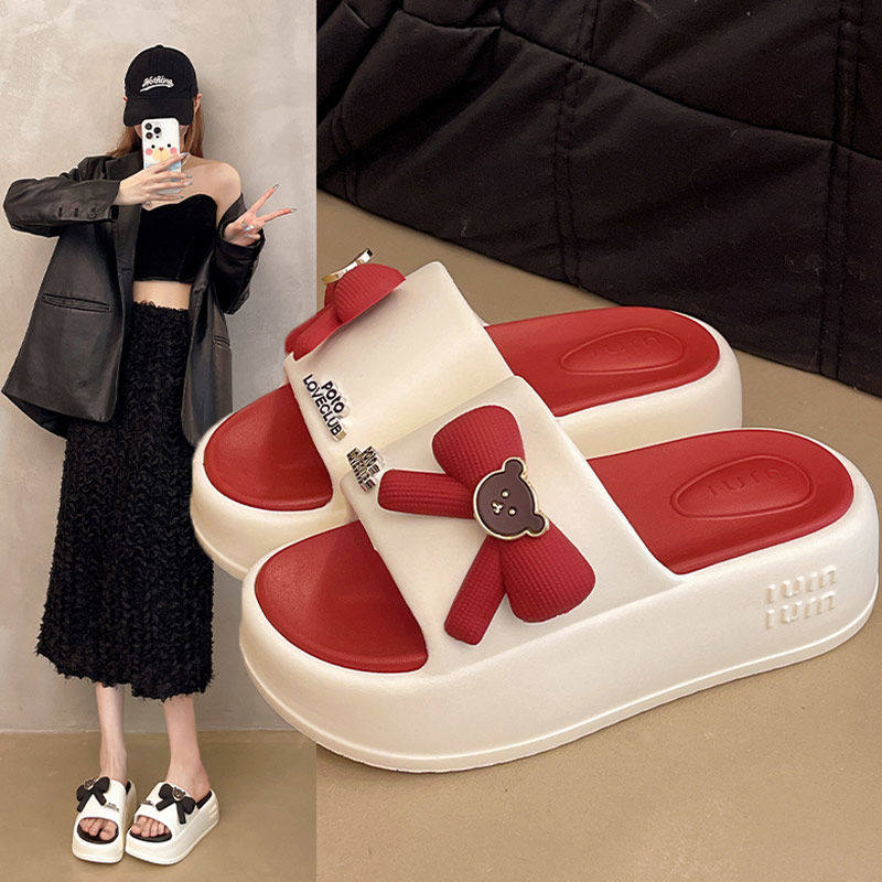 松糕凉拖鞋女夏季外穿可爱蝴蝶结小熊厚底增高室内居家防滑一字拖,居家布艺,居家凉拖/凉鞋,淘宝优惠券,粉丝福利购,淘宝优惠卷
