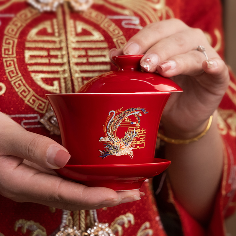 敬茶杯子喜碗结婚礼用品大全喜庆红色敬酒改口盖碗茶具对碗筷套装