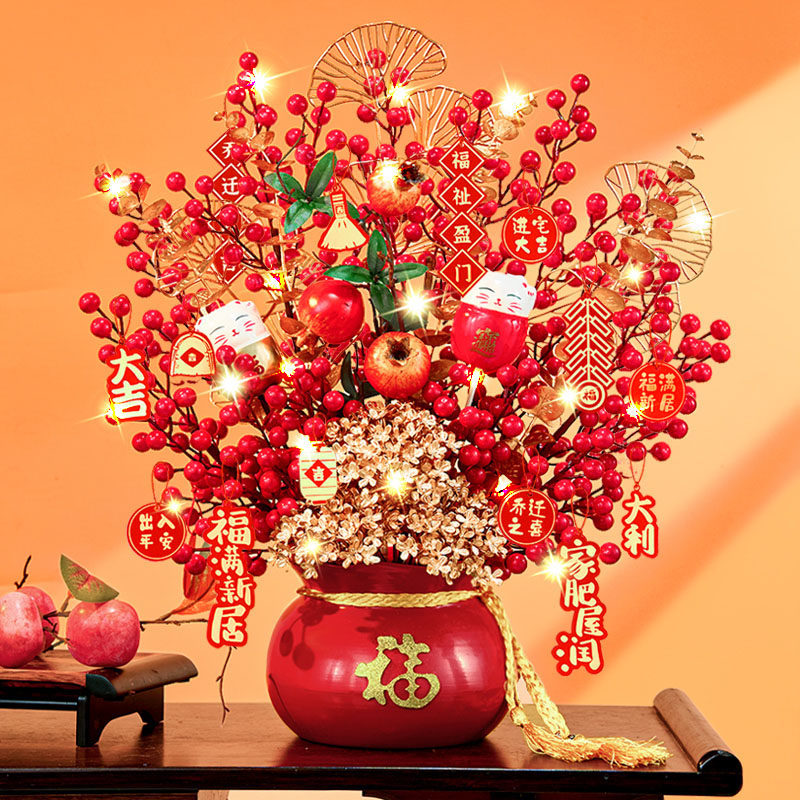 发财果仿真花假花客厅摆设乔迁之喜装饰摆饰新年冬青福桶搬家礼物