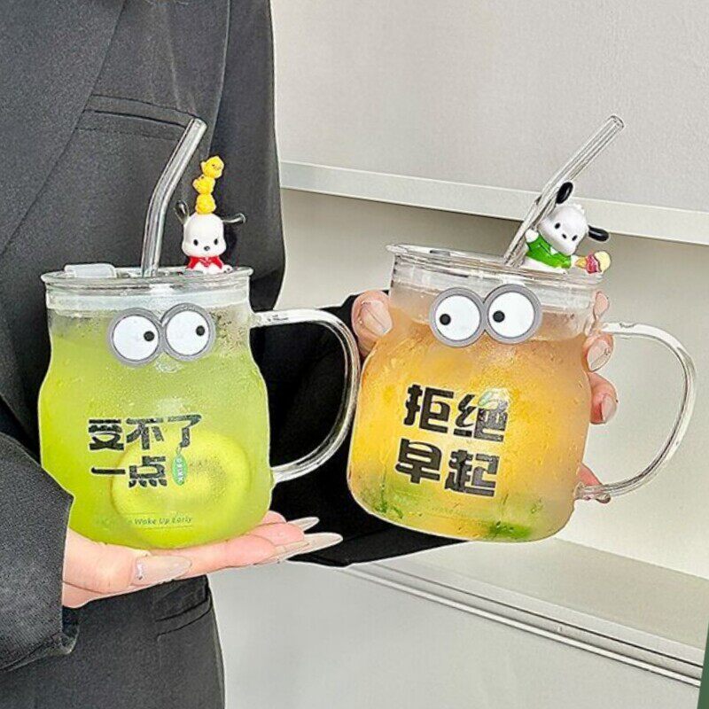 高硼硅玻璃吸管杯 耐高温透明玻璃杯带盖子把手适用办公室创意设