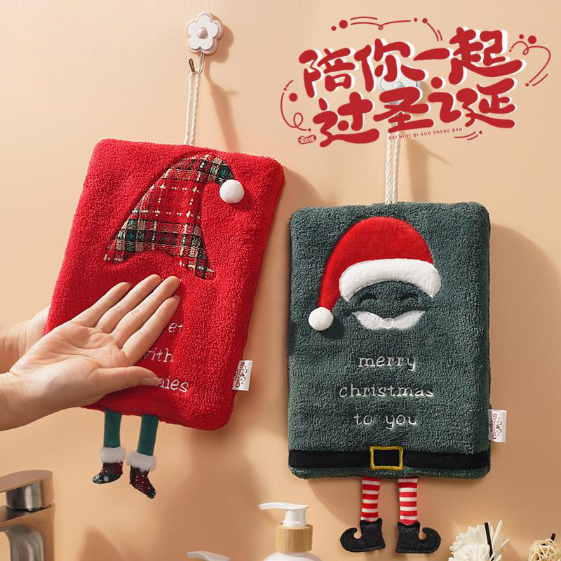 新款圣诞擦手巾可挂式加厚珊瑚绒毛巾厨房吸水速干抹布卡通抹手巾