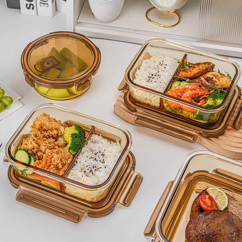 玻璃饭盒可微波炉加热分隔保鲜盒新品茶色饭盒带饭汤碗密封便当盒