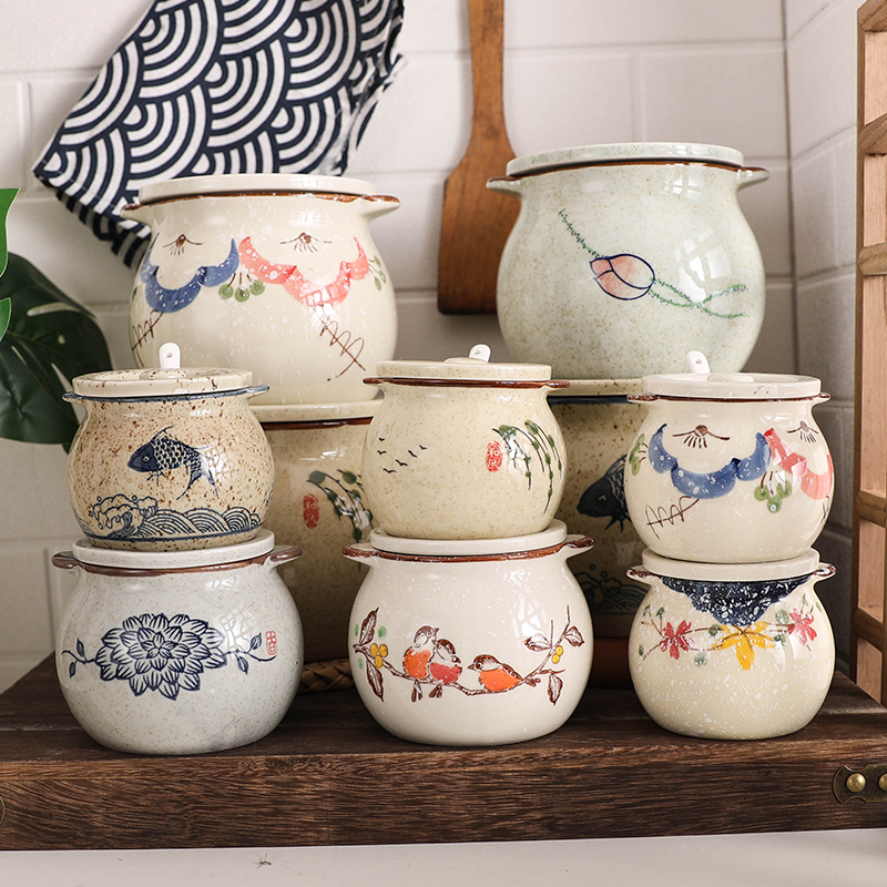 陶瓷复古调味罐双耳家用泼辣子大号厨房小号有盖配勺耐高温釉下彩