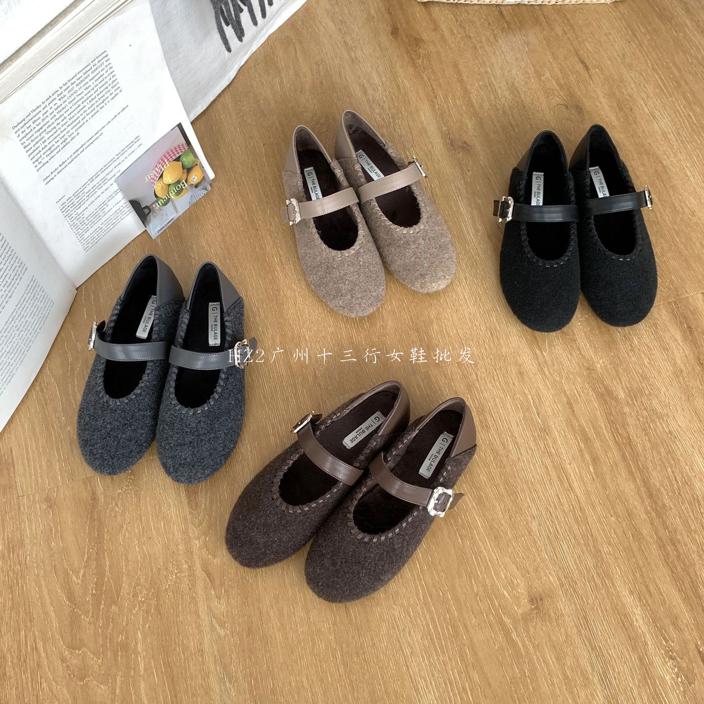 HZ2实拍复古毛呢绒面单鞋女2025秋新款圆头软底一字扣带玛丽珍鞋
