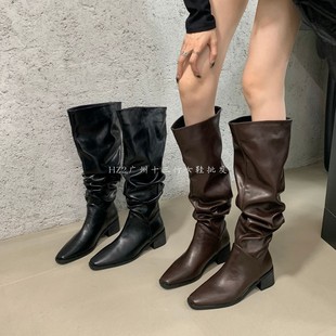 HZ2实拍褶皱堆堆西部靴女2025新款 复古过膝长筒靴慵懒时髦骑士靴