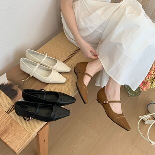 Jiameirui法式风尖头玛丽珍鞋女一字扣带粗跟高3cm气质浅口单鞋