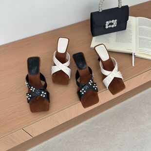 sexy仙女风交叉带露趾方头细跟高跟8cm凉拖鞋女夏外穿不累脚凉鞋