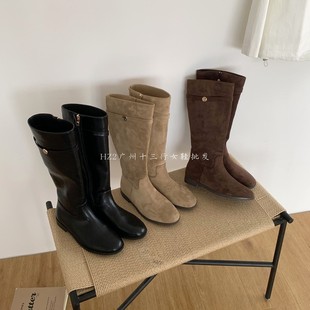 HZ2实拍复古加绒面长筒靴女2025新款平底高筒不过膝骑士靴宽筒靴