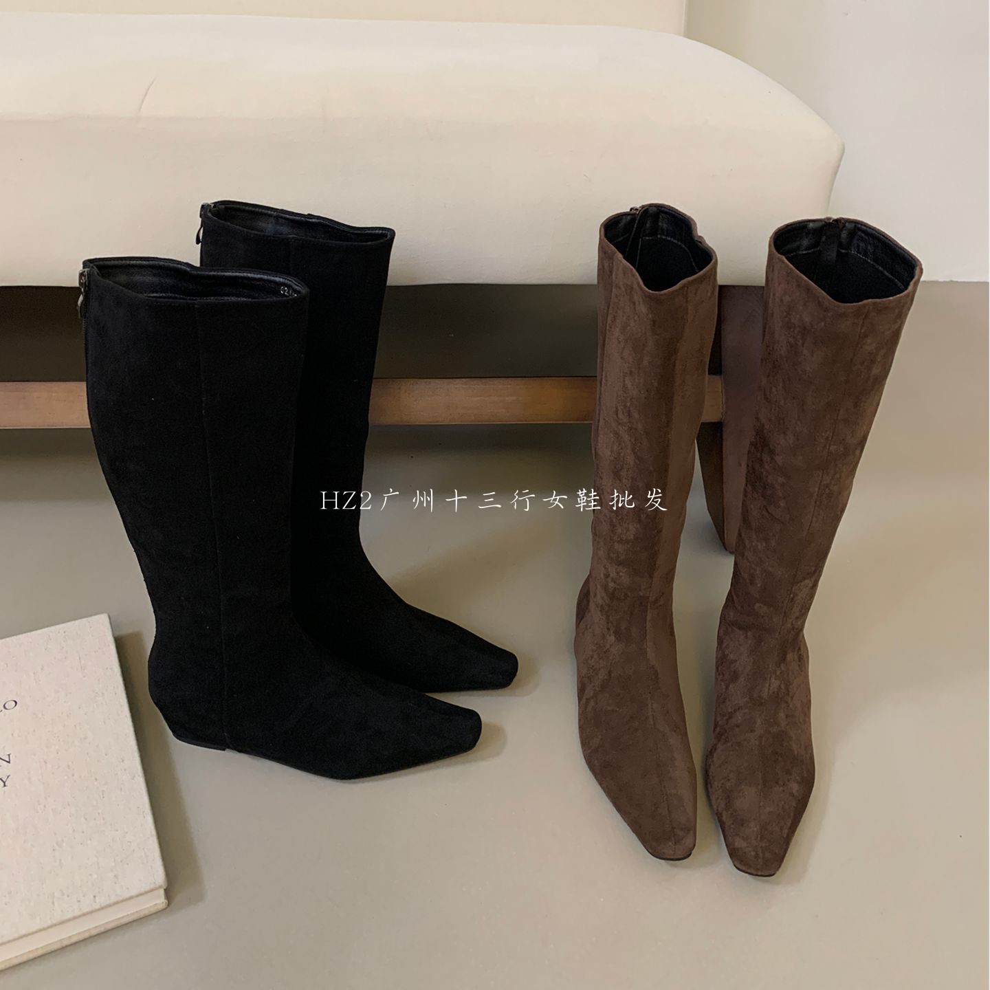 HZ2实拍法式复古绒面高筒长靴女2025新款后拉链显腿细瘦瘦时装靴