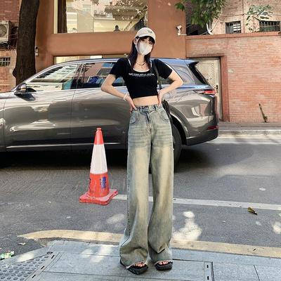 POYZ新款美式做旧裤复古水泥黄直筒宽松牛仔裤女高腰显瘦阔腿