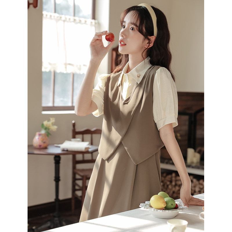 法式茶歇假两件连衣裙女装夏季2023新款收腰气质教师面试长裙子