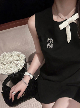 FFmiss◆小香风镶钻无袖蝴蝶结收腰连衣裙女夏法式圆领钉珠小黑裙