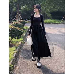 黑色长袖高冷御姐风洋装女早秋长裙子秋季2023新款女装套装秋冬