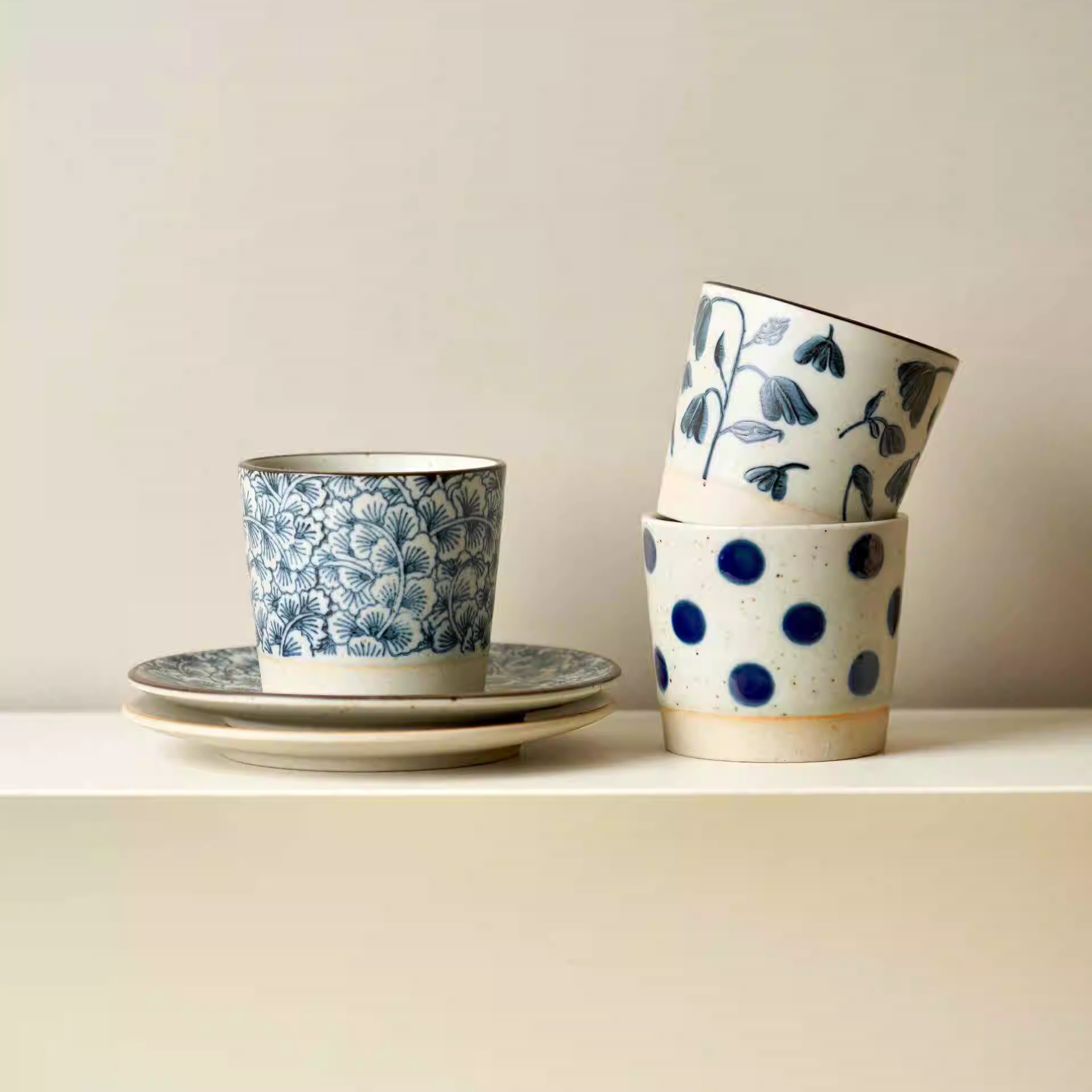 手作咖啡杯粗陶青花设计风猪口杯