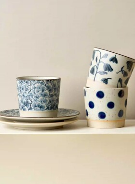 手作咖啡杯.粗陶青花猪口杯碟手握杯蛋杯创意茶水杯拉花杯/出丹麦