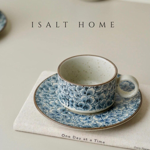 手作粗陶青花银杏餐具