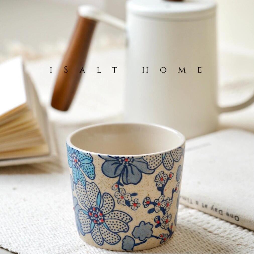 复古手绘浮雕油画山茶花咖啡杯手握杯猪口杯创意家用创意茶水杯