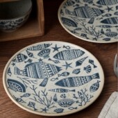 手作海底世界盘子.粗陶青花盘早餐盘家用菜盘复古 出丹麦