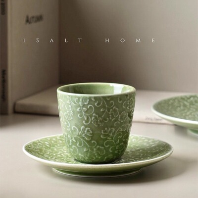 玫瑰DXC咖啡杯碟手握杯下午茶杯子点心碟浮雕餐盘复古创意窑变釉