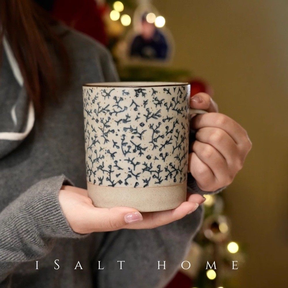 手作悠然花马克杯.粗陶青花手绘大容量创意家用水杯情侣杯/出丹麦