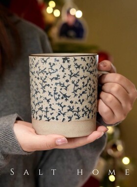 手作悠然花马克杯.粗陶青花手绘大容量创意家用水杯情侣杯/出丹麦