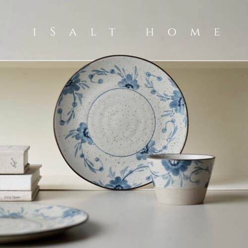 出丹麦手作粗陶青花七里香猪口杯早餐盘甜品点心碟咖啡杯高足蛋杯