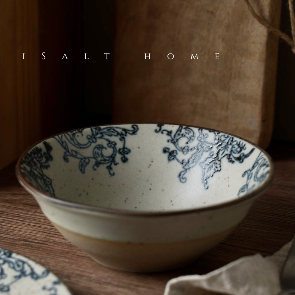 手作葡萄藤碗粗陶青花陶瓷早餐碗