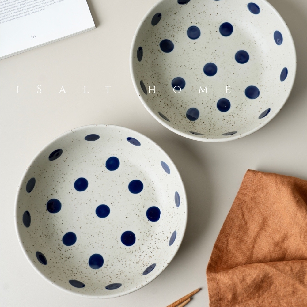 粗陶青花波点深盘20cm大汤碗