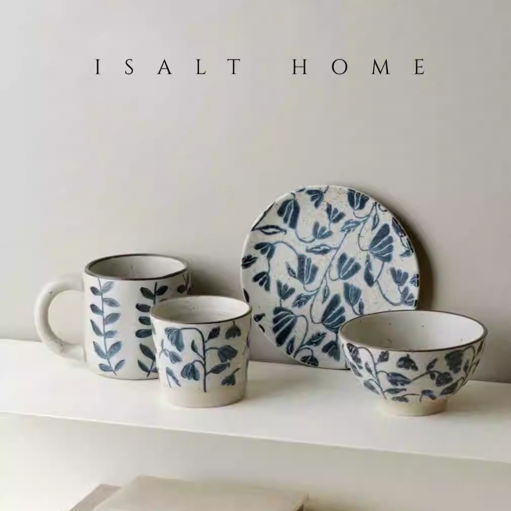 出丹麦手作粗陶青花铃兰早餐盘甜品点心碟家用菜盘米饭碗送礼