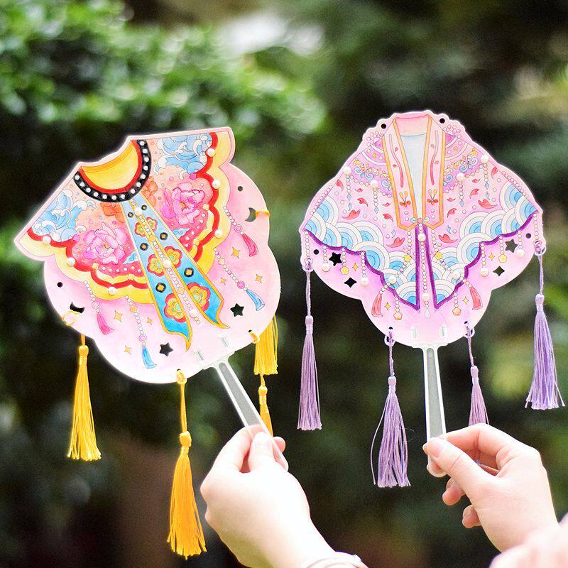 新中式风云肩填色扇子儿童非遗手工制作DIY材料包小学生古风汉服团扇涂鸦夏日清凉创意礼物儿童彩绘画作品