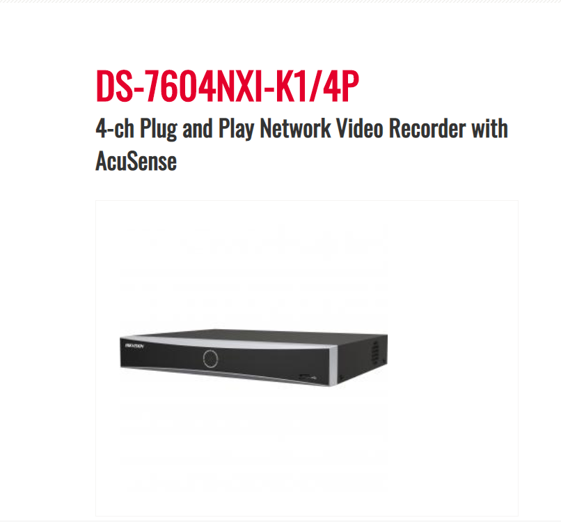 Hikvision DS-7604NXI-K1/4P 4-ch PoE 1U K Series AcuSense 4K