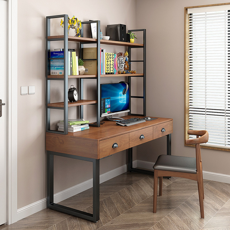实木电脑台式桌家用学生书柜书桌一体loft写字桌北欧书桌书架组合