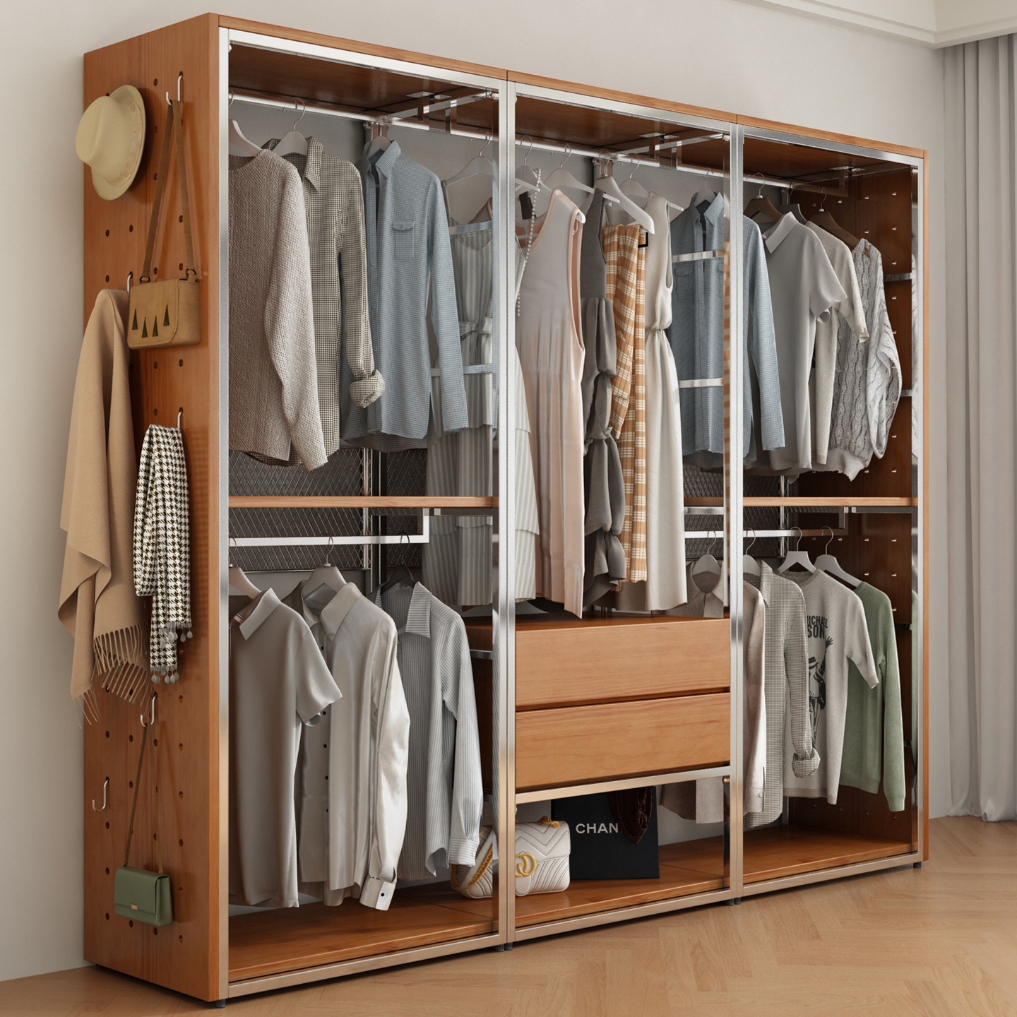 芬木简约洞洞板中古风实木衣柜