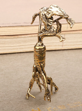 仿古复古做旧创意黄铜铜人参摆件铜器黄铜古玩文玩收藏手把件挂饰