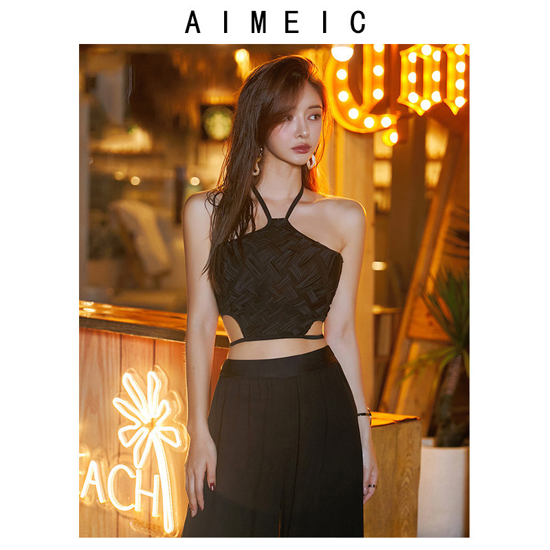 AIMEIC新款挂脖领美背泳衣阔腿长裤分体泳衣女温泉度假三件套泳装