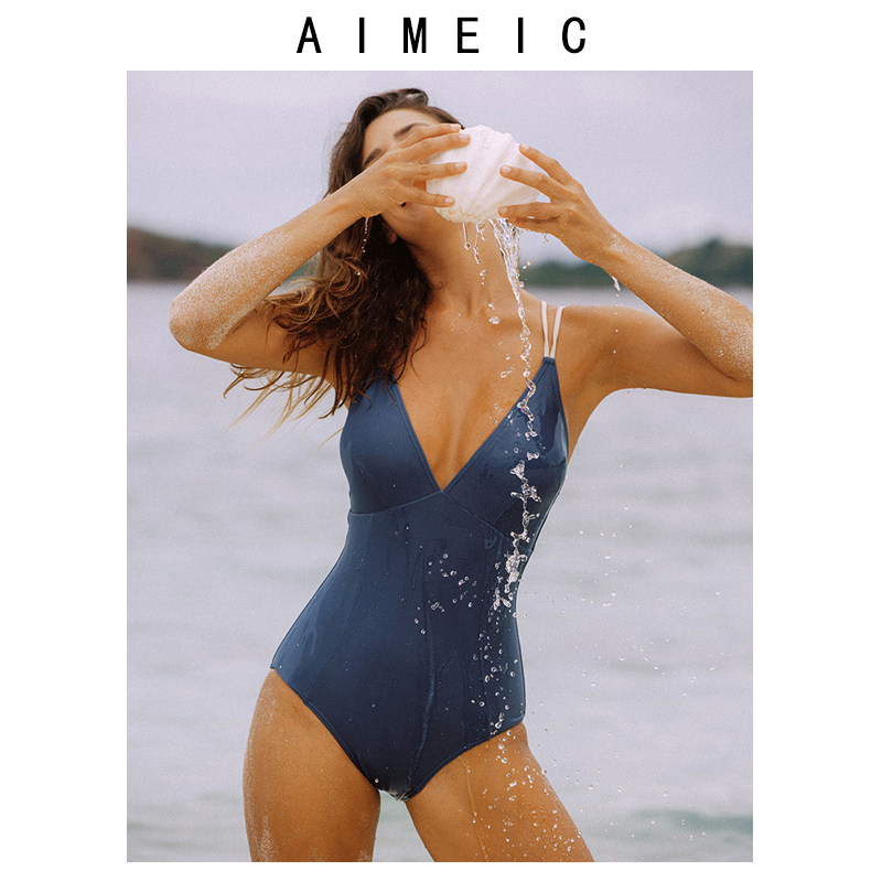 AIMEIC新款海边度假性感深V吊带连体泳衣女泡温泉泳装露背游泳衣