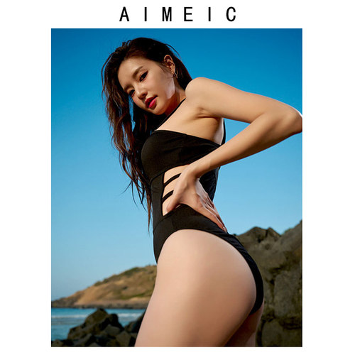 AIMEIC新款夏季腰部性感镂空细肩带连体泳衣女小胸聚拢露背泳装