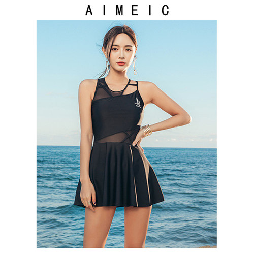 AIMEIC新款黑色裙式连体泳衣女温泉度假保守遮肚网纱拼接显瘦泳装