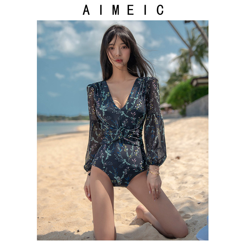 AIMEIC新款温泉度假性感深V领长袖连体泳衣女遮肚显瘦露背游泳装