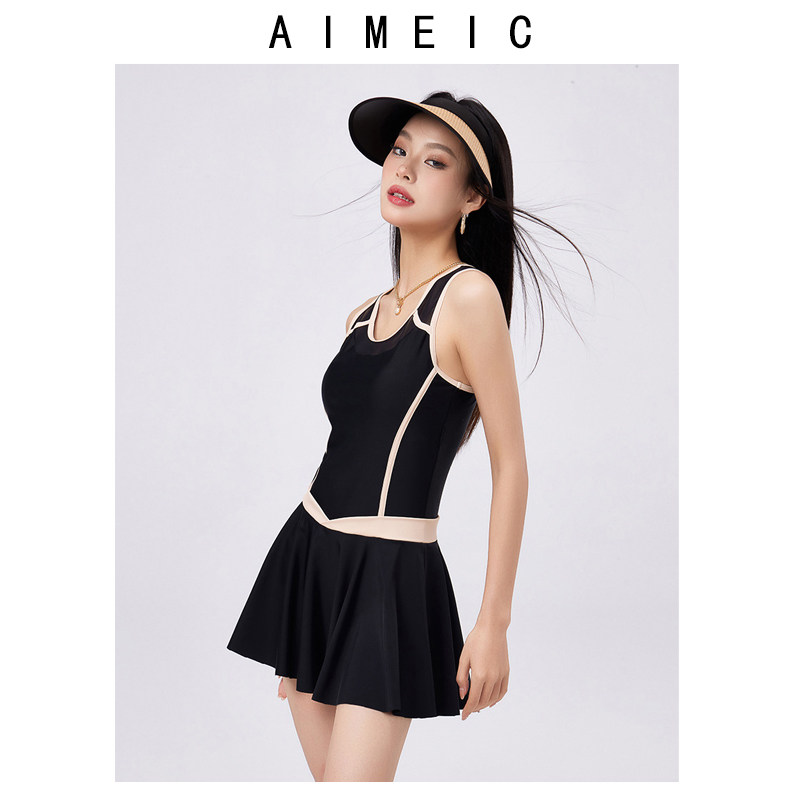 AIMEIC新款温泉度假背心式无袖裙式连体泳衣女遮肚显瘦无钢托泳装