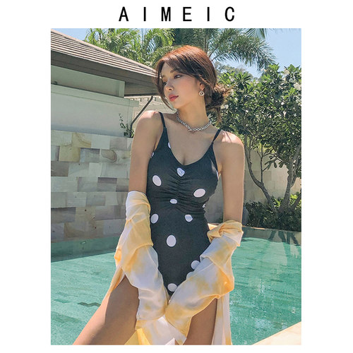 AIMEIC新款小胸聚拢可调节吊带泳装女波点黑色性感无钢托连体泳衣