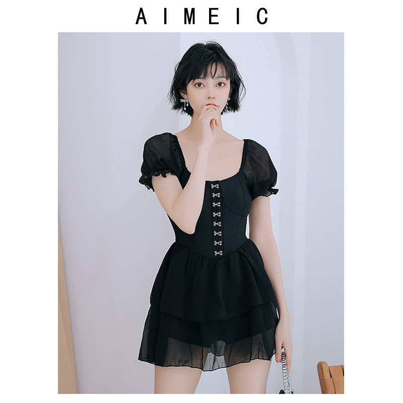 AIMEIC新款小香风简约性感薄纱蕾丝显瘦裙式连体泳衣女短袖泳装