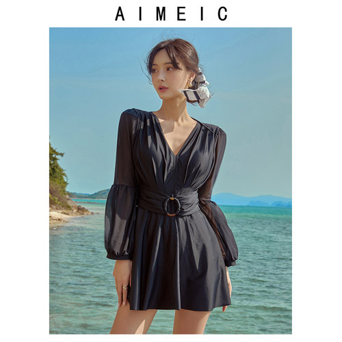 AIMEIC新款度假泡温泉性感露背长袖防晒小黑裙泳衣女裙式连体泳装