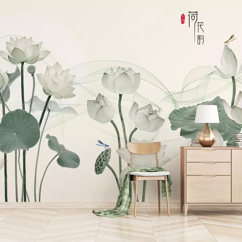 新中式壁画电视背景墙壁纸3d手绘荷花大气客厅卧室8d墙纸酒店装饰