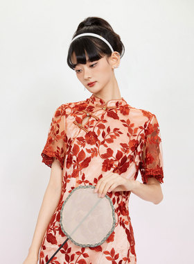 槿爷金盏花2024春夏锈橙色中国风复古喇叭袖修身改良旗袍连衣裙女